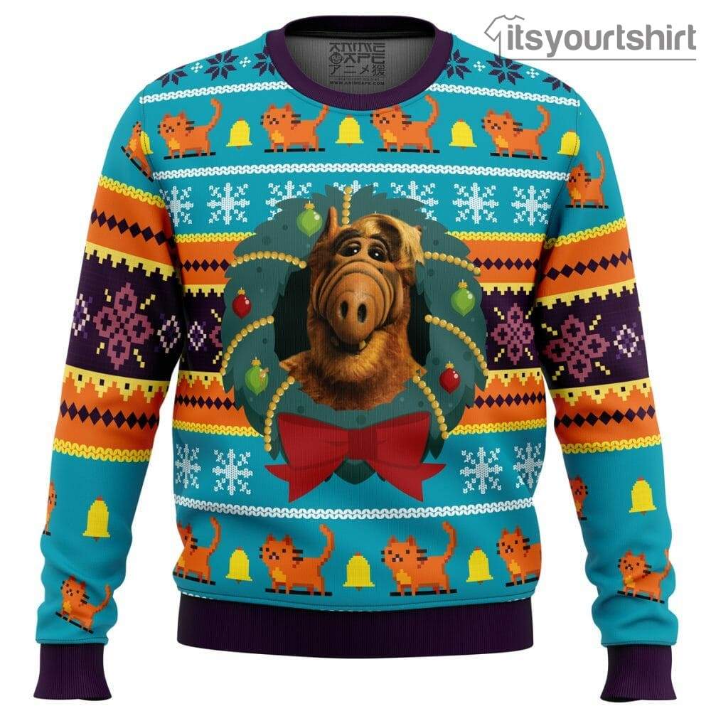 Alf Sitcom Cat Pattern Ugly Christmas Sweater