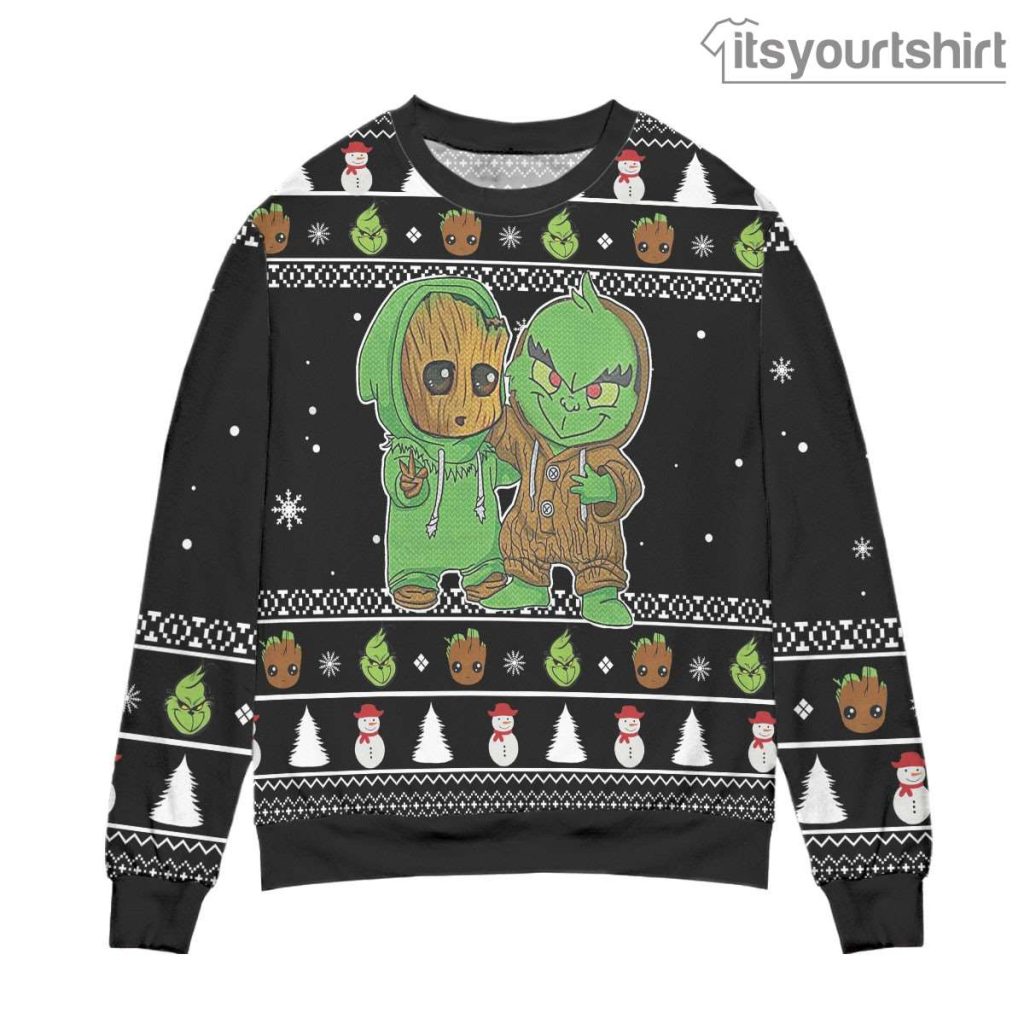 Baby Groot And Grinch Best Friends Black Ugly Christmas Sweater