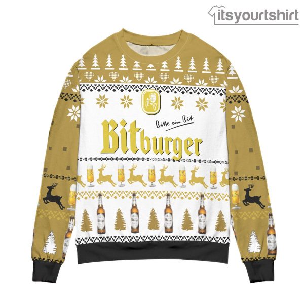 Bitburger Beer Reindeer Pattern Yellow Ugly Sweater