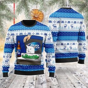 Bud Light Beer Cat Meme Christmas Ugly Sweater