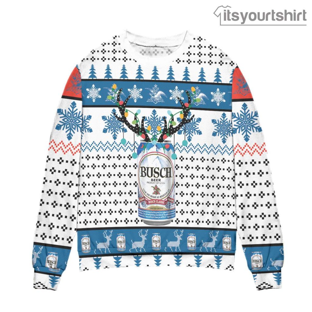 Busch Beer Reindeer Snowflake Pattern - White Ugly Sweater