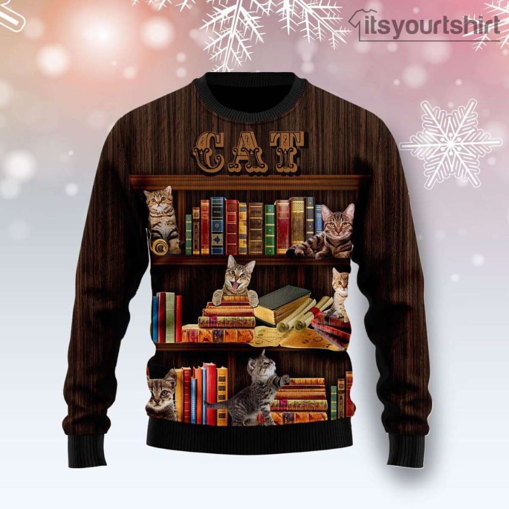 Cat And Bookshelf Ugly Christmas Sweater