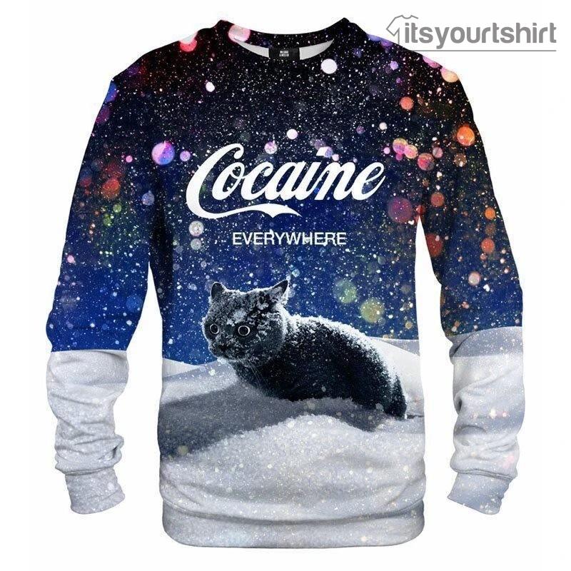 Cat Cocaine Snow Everywhere Ugly Christmas Sweater
