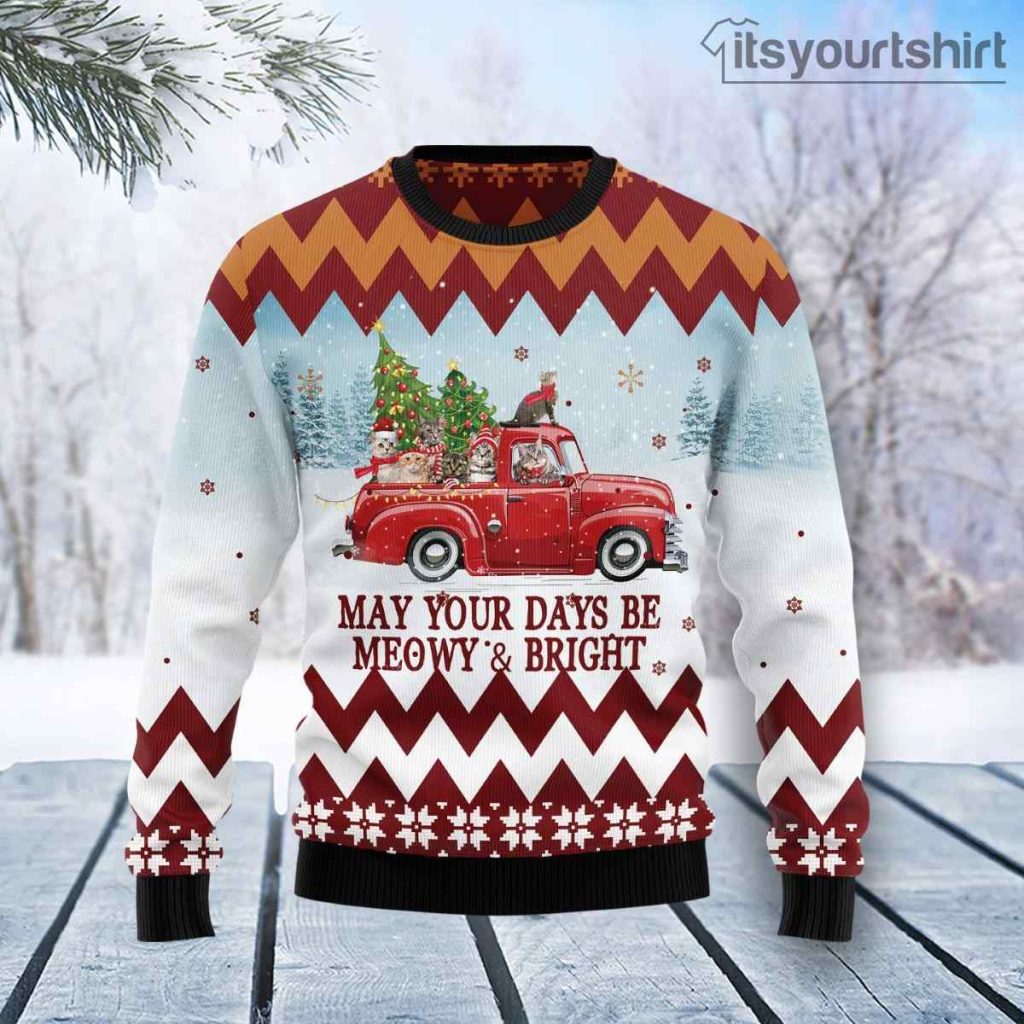 Cat Red Truck Ugly Christmas Sweater