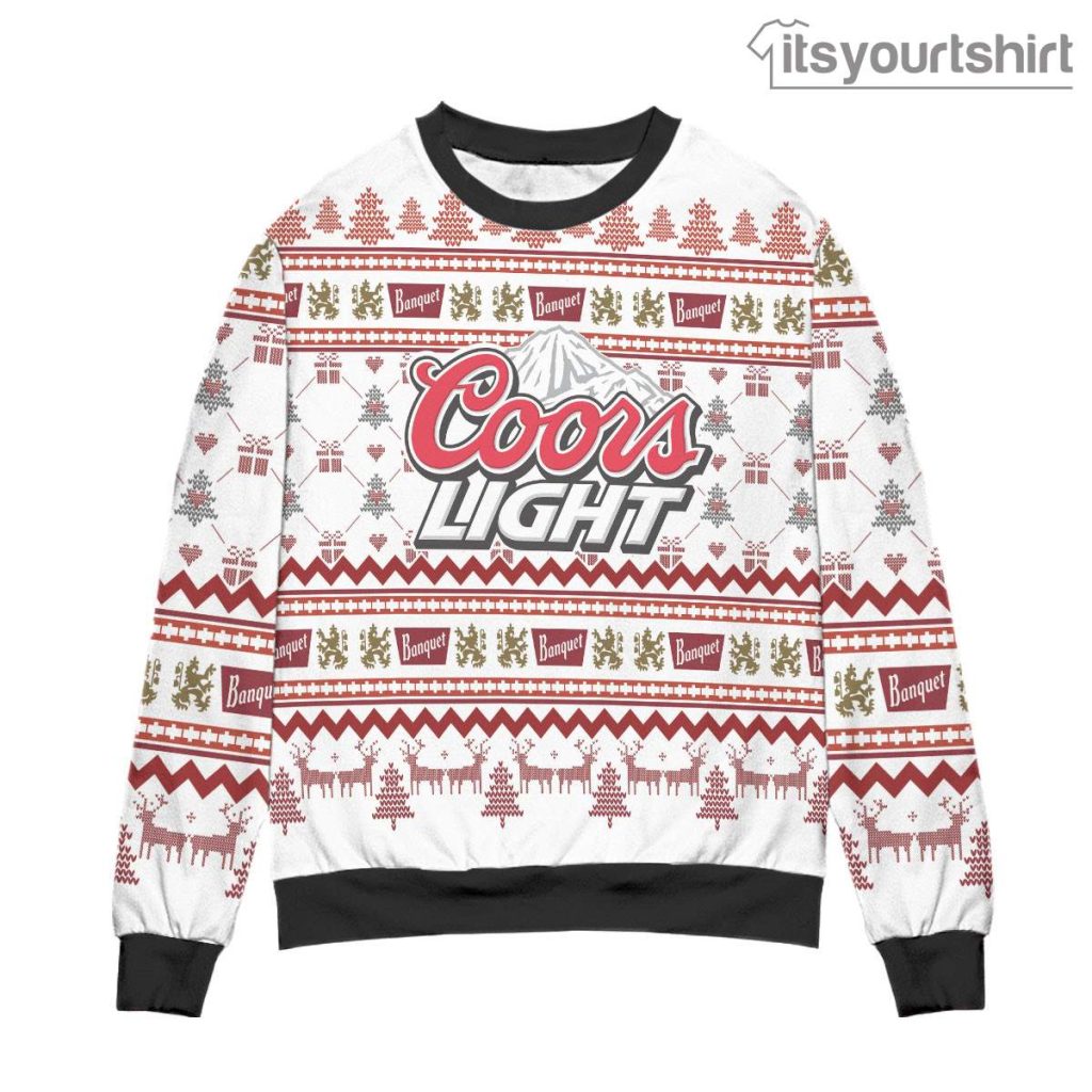 Coors Light Reindeer Pine Tree Pattern - White Ugly Sweater
