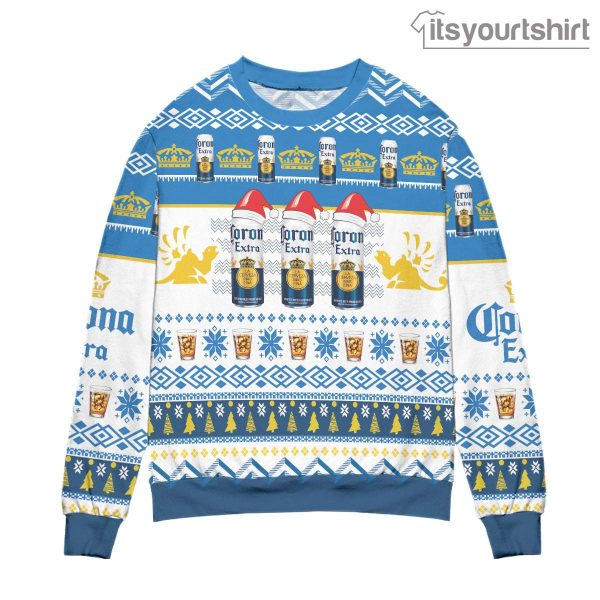 Corona Extra Beer Logo Christmas Pattern – White Blue Ugly Sweater