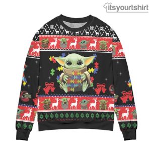 Cute Baby Yoda Playing Puzzles Star Wars Black Red Ugly Christmas Sweater