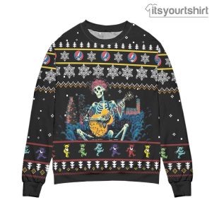 Grateful Dead Skeleton Playing Guitar Black Ugly Christmas Sweater