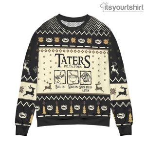Lord of The Rings Taters Potatoes Recipe Pine Tree Reindeer Pattern Black Ugly Christmas Sweater