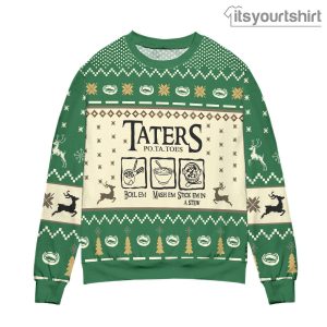 Lord of The Rings Taters Potatoes Recipe Pine Tree Reindeer Pattern Green Ugly Christmas Sweater