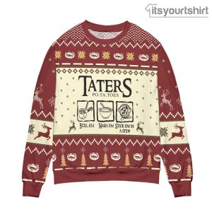 Lord of The Rings Taters Potatoes Recipe Pine Tree Reindeer Pattern Red Ugly Christmas Sweater