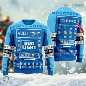 Personalized Snowy Bud Light Beer Ugly Christmas Sweater