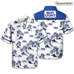 Bud Light Beer Palm Trees White Blue Hawaiian Shirt