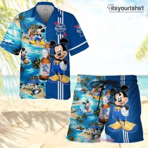 Pabst Blue Ribbon Beer Mickey Mouse Shorts Set Hawaiian Shirt