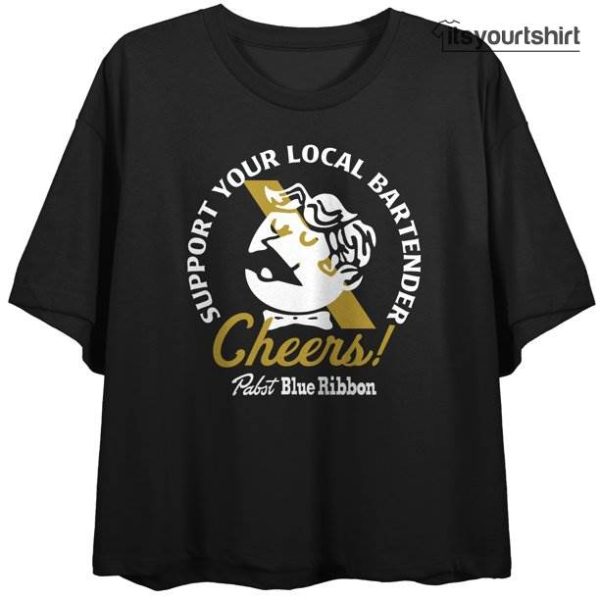 Pabst Blue Ribbon Support Your Local Bartender Globe T-Shirt