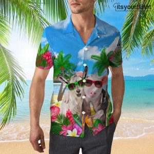 Pig And Goat In Sunglasses Hugging While Drinking Beer Hawaiian Shirt