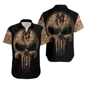 New York Yankees Camouflage Skull American Flag Aloha Shirt IYT
